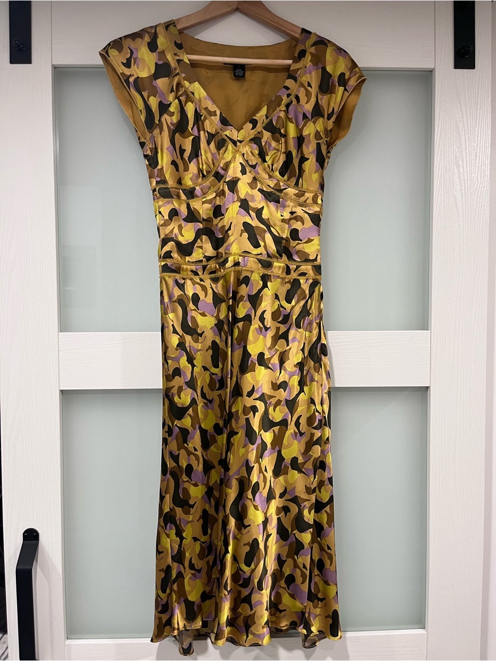 Club Monaco Yellow Abstract Print Midi Dress with Black & Purple Accents